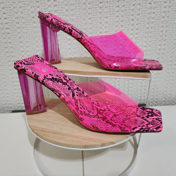 New York and Company Y2K Style Pink Snake-Print Lucite Mule Block Heel Size 10 - Picture 4 of 13